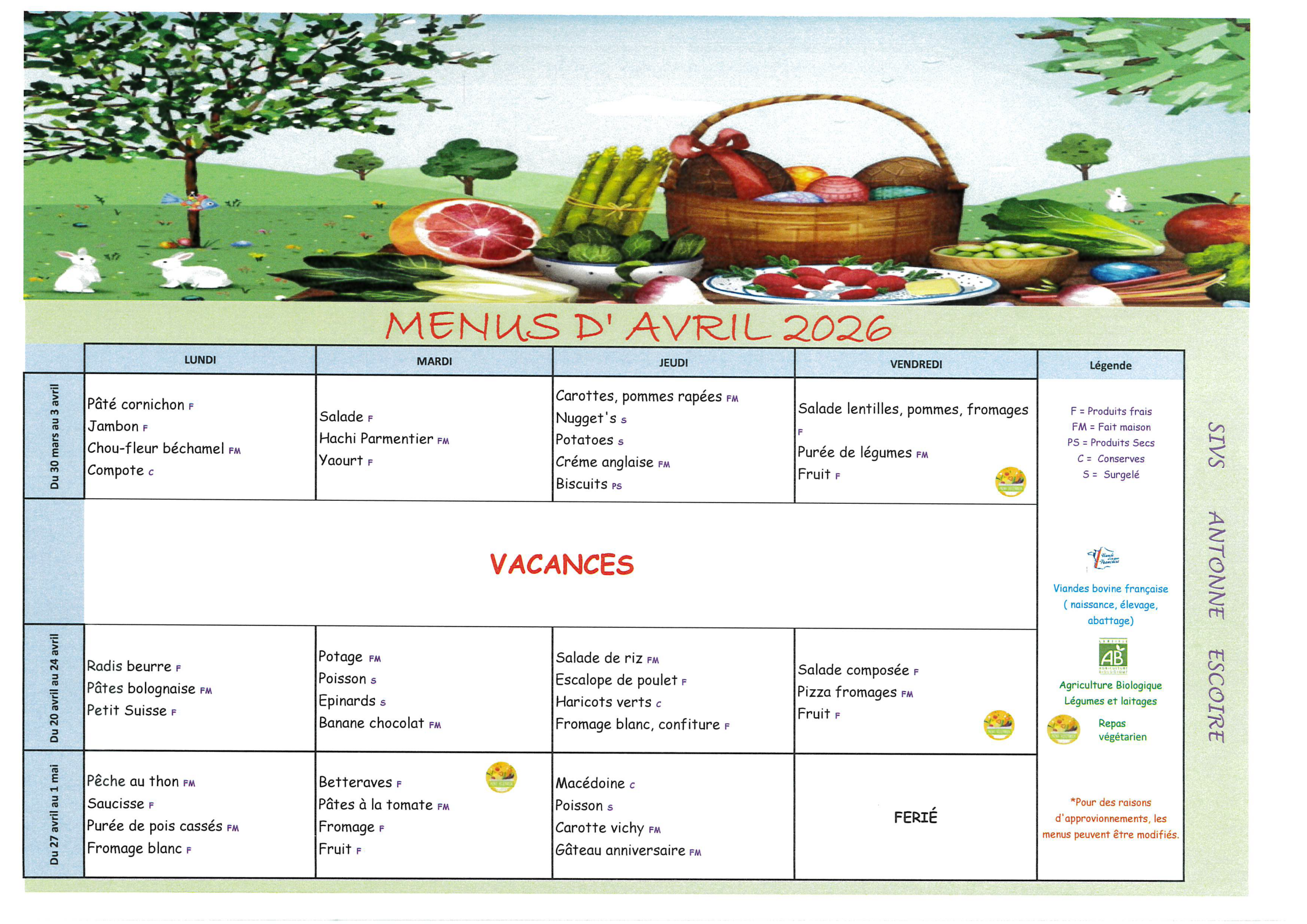 Menu cantine Antonne et Trigonant avril 2026