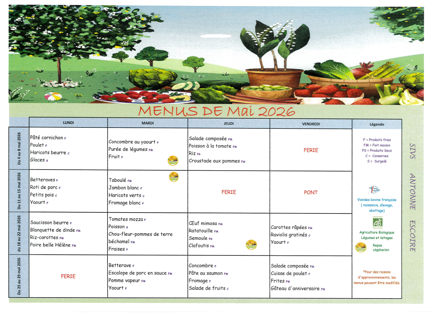 Menus mois de mai 2026 Cantine Antonne et Trigonant