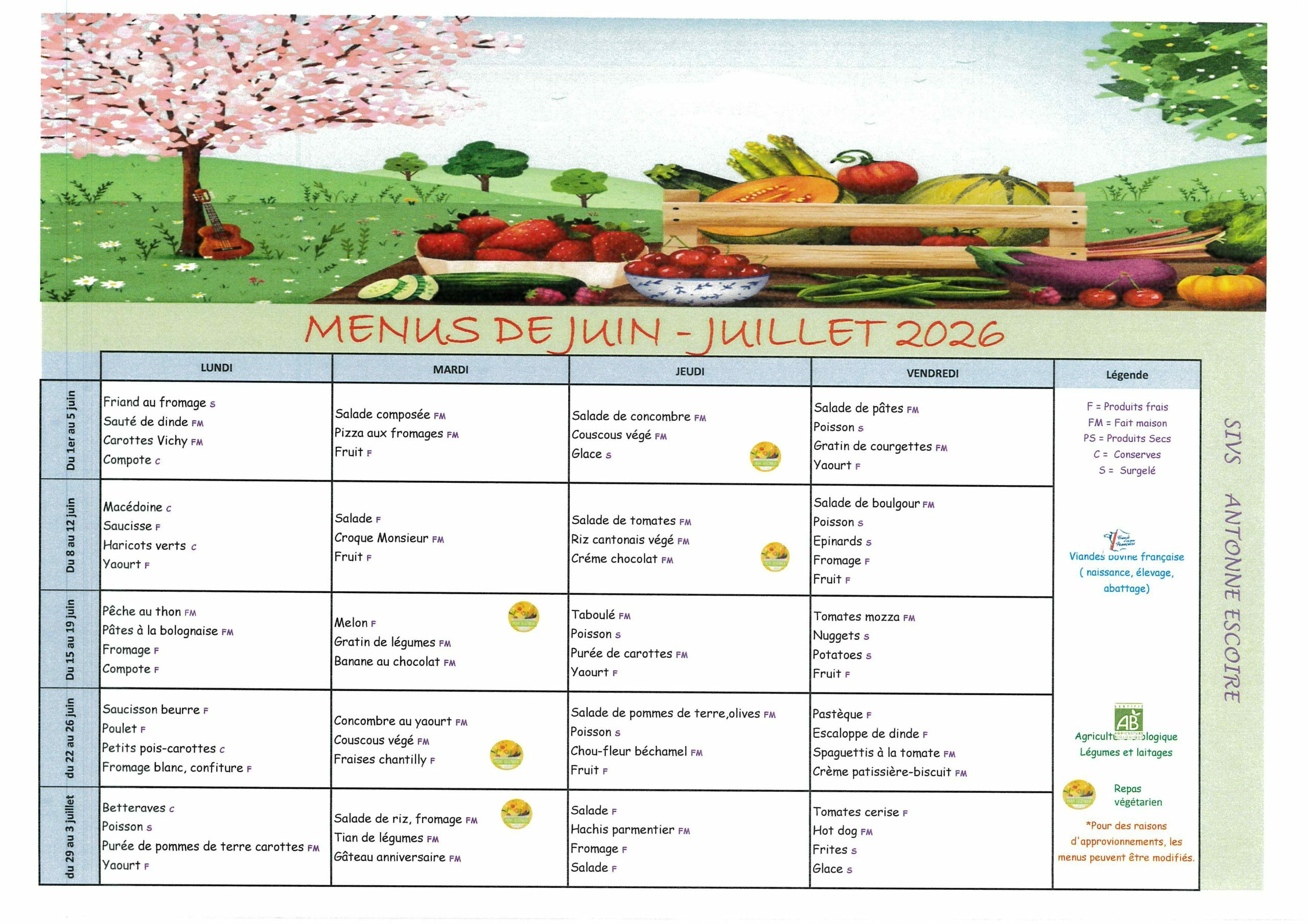 Menu juin 2026 école antonne escoire